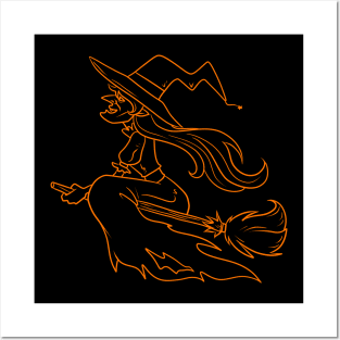 Halloween Witch Orange Line Posters and Art